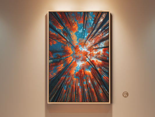 Looking up through the tall trees. This artwork is a framed print. The orange leaves and blue sky create a beautiful contrast. This wall art brings nature indoors. Perfect for any room. Buy this framed artwork today