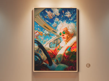 A captivating artwork featuring an eccentric driver with white hair and green glasses. They are behind the wheel of a classic car. The sky is filled with whimsical flying objects. A unique piece of art. Perfect for adding character to any space.