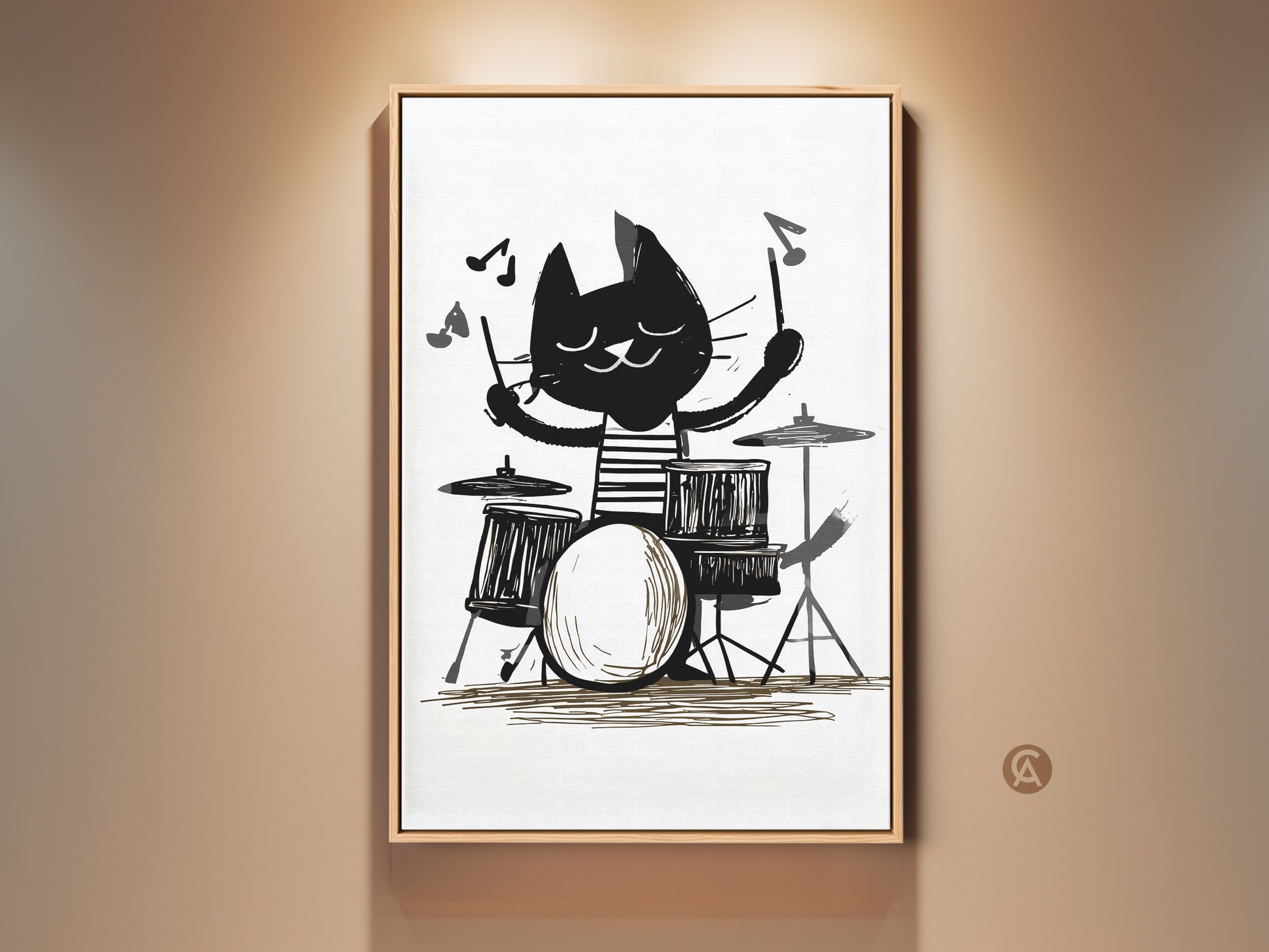 Framed Cat Playing Drums Art Print. A black and white music wall art piece. The cute cat lover gift is perfect for eclectic kids room decor. This drummer artwork adds musical whimsy.