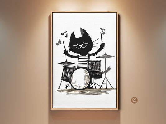 Framed Cat Playing Drums Art Print. A black and white music wall art piece. The cute cat lover gift is perfect for eclectic kids room decor. This drummer artwork adds musical whimsy.
