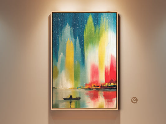 Framed abstract northern lights artwork features a lone canoeist on a serene lake. Teal red and yellow hues illuminate the canvas. This colorful eclectic art print captures a tranquil nature landscape. Perfect for adding unique wall decor to any space.