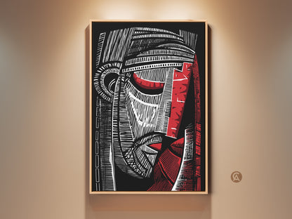 Framed black red and white abstract face art displayed on a wall. This cubist figurative artwork is a modern office decor piece. The linocut style adds artistic texture to this striking wall art. Perfect for art collectors seeking bold graphic art.