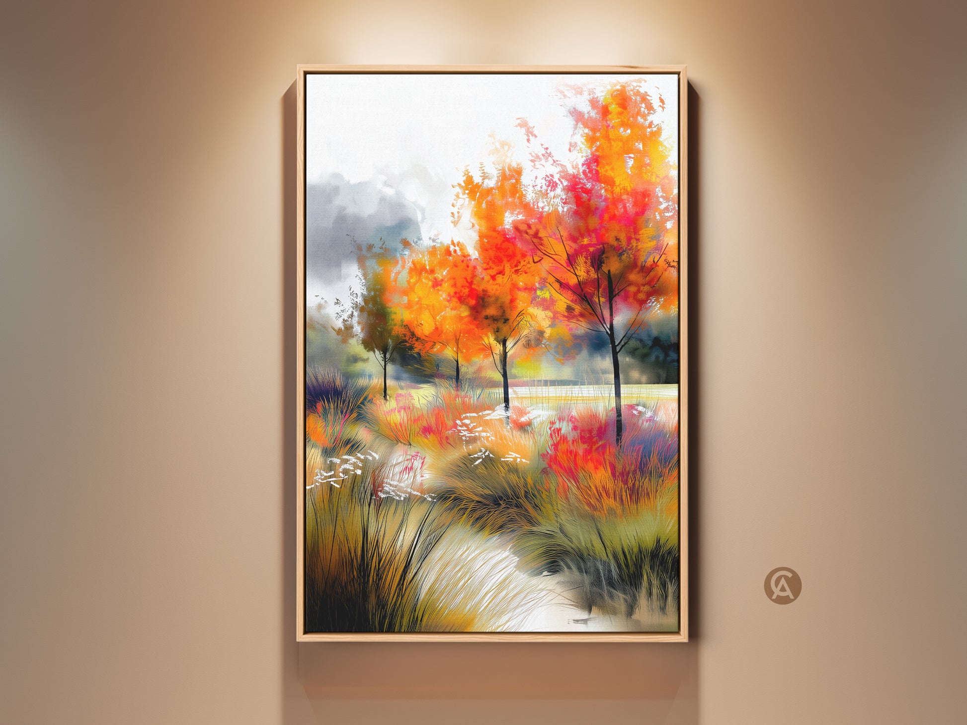 Gallery artwork featuring vibrant autumn trees in a golden frame. This fine art print captures a serene landscape scene. Perfect wall art to bring nature indoors. The warm tones create a cozy atmosphere.