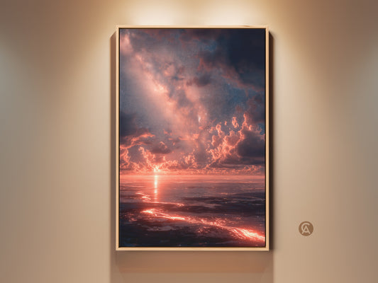 Framed artwork featuring a dramatic sunset over the ocean. The art is displayed in a wooden frame. Fiery clouds and light reflect on the water creating a serene yet powerful scene. Perfect wall art for adding a touch of nature's beauty to your home decor.