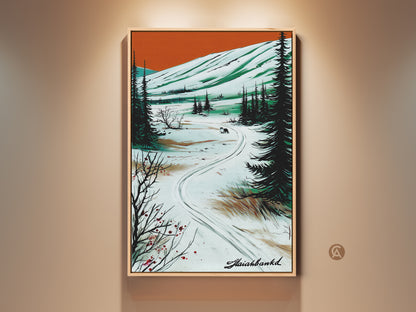 Rustic wolf in snowy forest canvas art displayed on a wall. This painterly landscape features an orange sky. The piece adds a cozy and stylized touch to any room with its evergreen trees and snow covered path.