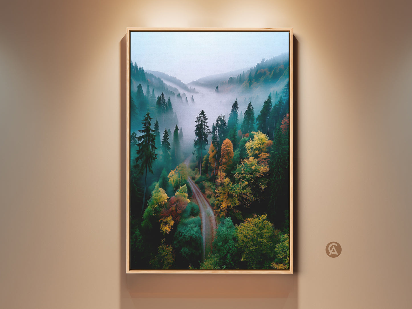 Framed forest artwork. A captivating forest landscape is displayed. The artwork is framed and hung on a wall. The forest is shrouded in mist. There is a path winding through the trees. This framed artwork brings nature's beauty indoors.