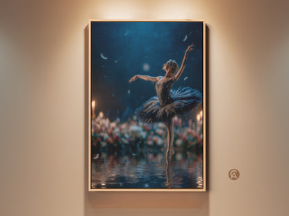 Ballerina artwork in a wooden frame. A beautiful ballerina dances gracefully on water. Soft lighting creates a dreamy atmosphere. This framed artwork adds elegance to any space. Perfect for ballet lovers and art collectors. Bring the beauty of dance into your home with this stunning piece.