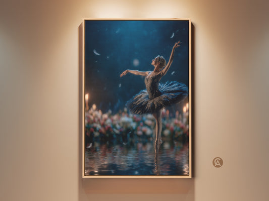 Ballerina artwork in a wooden frame. A beautiful ballerina dances gracefully on water. Soft lighting creates a dreamy atmosphere. This framed artwork adds elegance to any space. Perfect for ballet lovers and art collectors. Bring the beauty of dance into your home with this stunning piece.