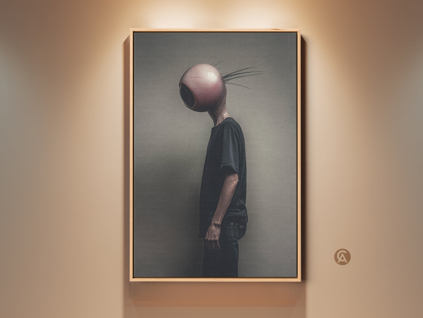Gallery display of surreal alien art. A unique eyeball head character print in a natural wood frame complements beige walls. Elevate your eclectic home decor with this bizarre yet captivating art piece.  A perfect gift for surreal artwork fans seeking dark fantasy art.