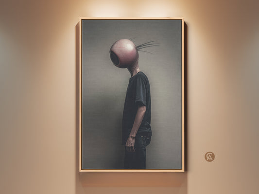 Gallery display of surreal alien art. A unique eyeball head character print in a natural wood frame complements beige walls. Elevate your eclectic home decor with this bizarre yet captivating art piece.  A perfect gift for surreal artwork fans seeking dark fantasy art.