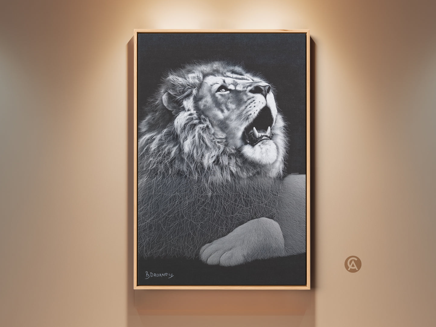 Framed monochrome lion canvas artwork. This king of jungle wildlife decor is suited for a contemporary bedroom or office. The art print provides crisp detail. The frame is made of oak.