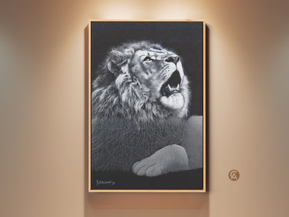 Framed monochrome lion canvas artwork. This king of jungle wildlife decor is suited for a contemporary bedroom or office. The art print provides crisp detail. The frame is made of oak.
