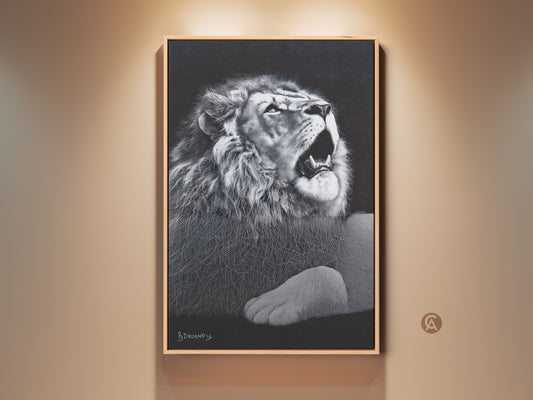 Framed monochrome lion canvas artwork. This king of jungle wildlife decor is suited for a contemporary bedroom or office. The art print provides crisp detail. The frame is made of oak.