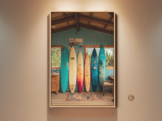 A framed fine art print showcases surfboards. The surfboards are vintage and colorful. They lean against a wall in a beach house. The artwork captures a coastal lifestyle. A perfect piece for beach decor.
