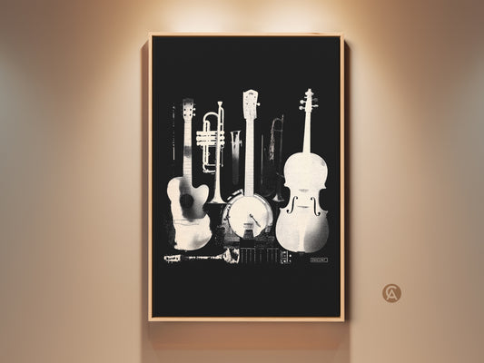 Framed musical instruments artwork. This wall art features a guitar trumpet banjo saxophone and violin. The black and white music art is ready to hang and enjoy in any room.