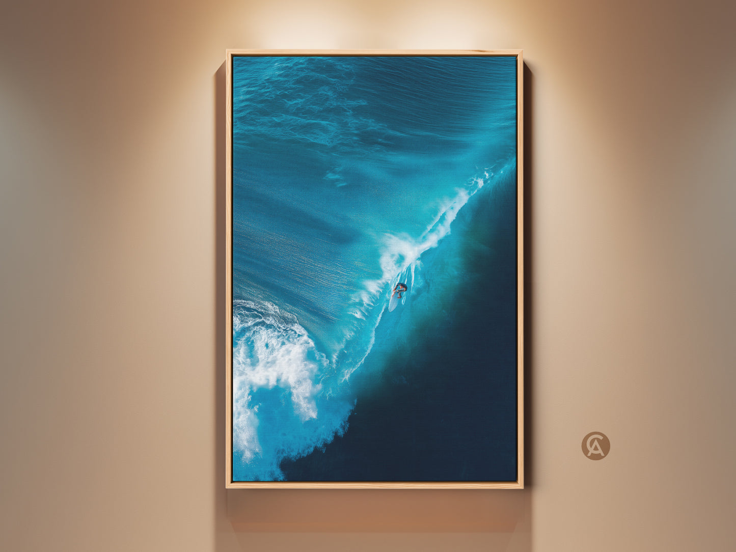 Eye-level shot of a surfer riding a massive blue wave. This framed artwork captures the power and beauty of the ocean. Perfect for coastal decor. Add a touch of the sea to your space with this surfing art print. Order yours today