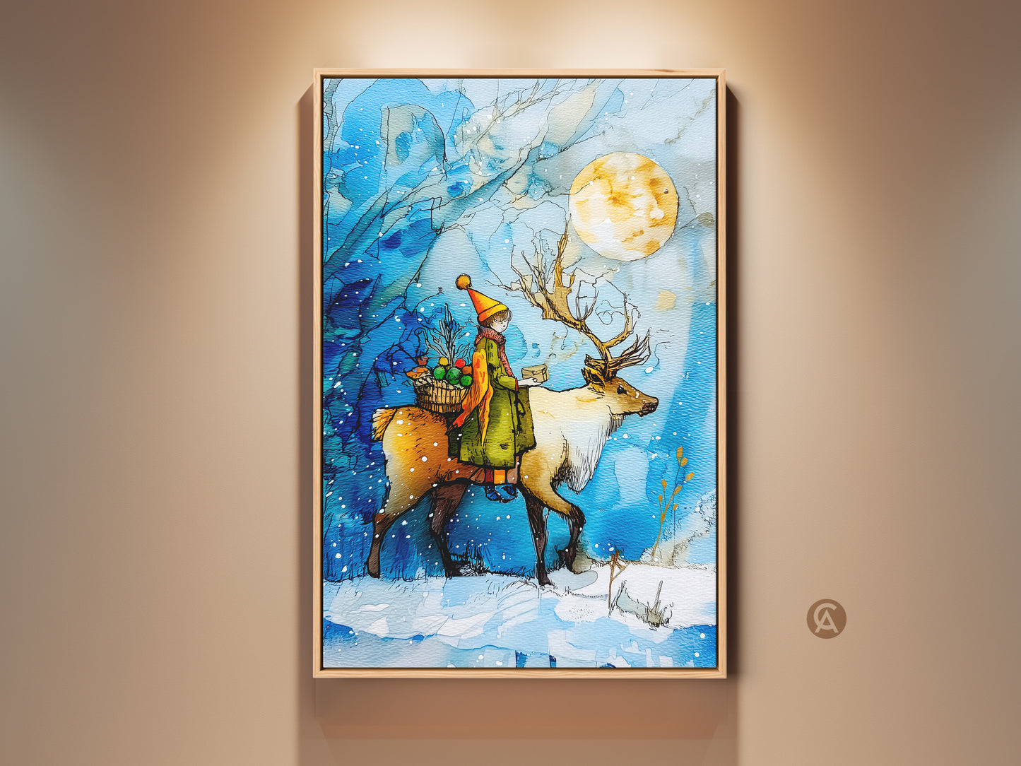 A framed canvas art print shows a child riding a reindeer beneath a full moon. This winter wonderland wall art features blue and yellow hues. The festive christmas nursery decor is perfect as a holiday gift. Add this magical winter scene to a bedroom or cozy cabin.