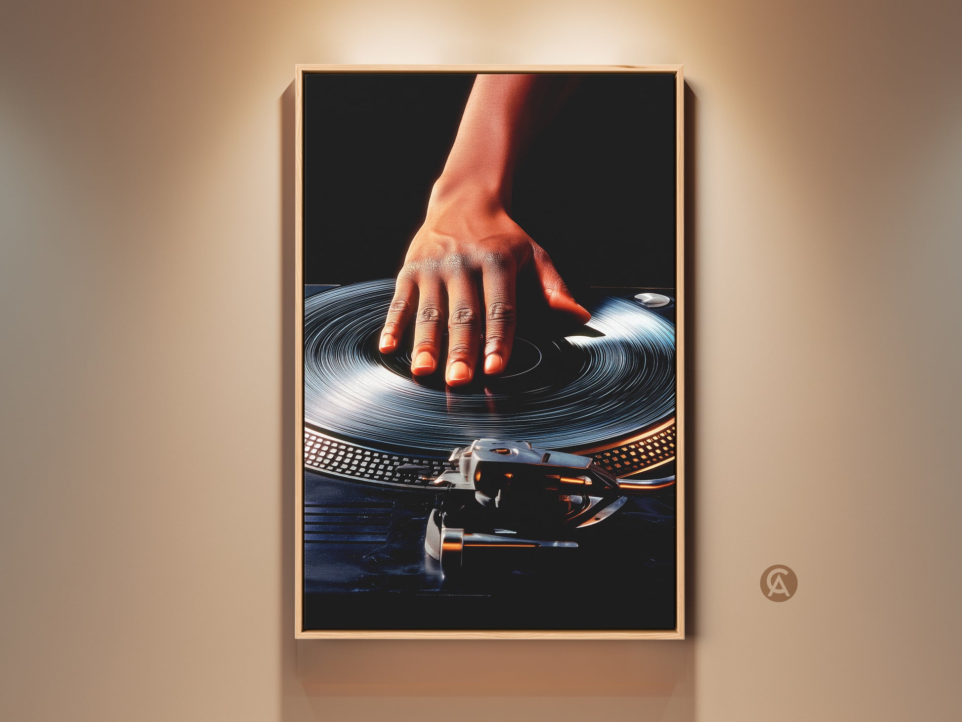 Vintage DJ turntable art print adds a retro vibe to any room. The hand mixing the vinyl creates an industrial loft vibe. This music wall art is perfect for office decor or a gift for music lovers. It features a bold orange and black color scheme. This unique wall hanging brings dj culture into your space.