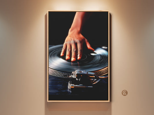 Vintage DJ turntable art print adds a retro vibe to any room. The hand mixing the vinyl creates an industrial loft vibe. This music wall art is perfect for office decor or a gift for music lovers. It features a bold orange and black color scheme. This unique wall hanging brings dj culture into your space.