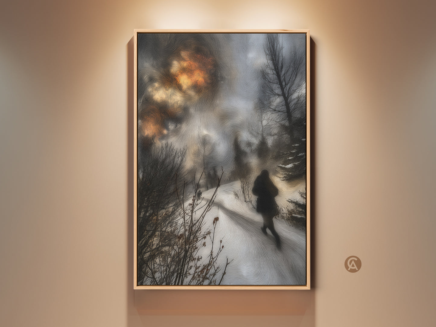 Canvas print featuring a winter landscape with a hiker walking through snow. Warm earth tones create a modern impressionistic style. Perfect nature wall art for bedroom decor and a gift for outdoor lovers.