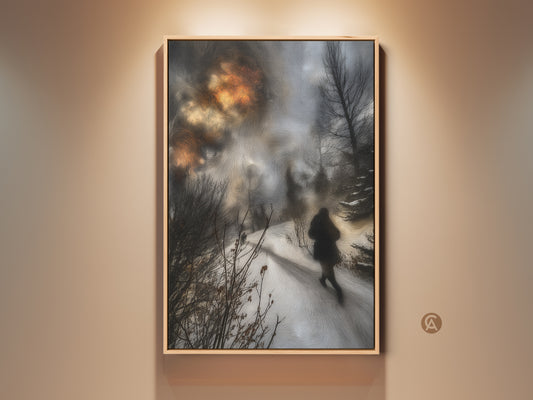 Canvas print featuring a winter landscape with a hiker walking through snow. Warm earth tones create a modern impressionistic style. Perfect nature wall art for bedroom decor and a gift for outdoor lovers.