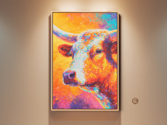 Framed vibrant longhorn bull artwork on a beige wall. The painting features bright orange yellow and purple hues. The artwork is illuminated by a spotlight creating a warm inviting ambiance.