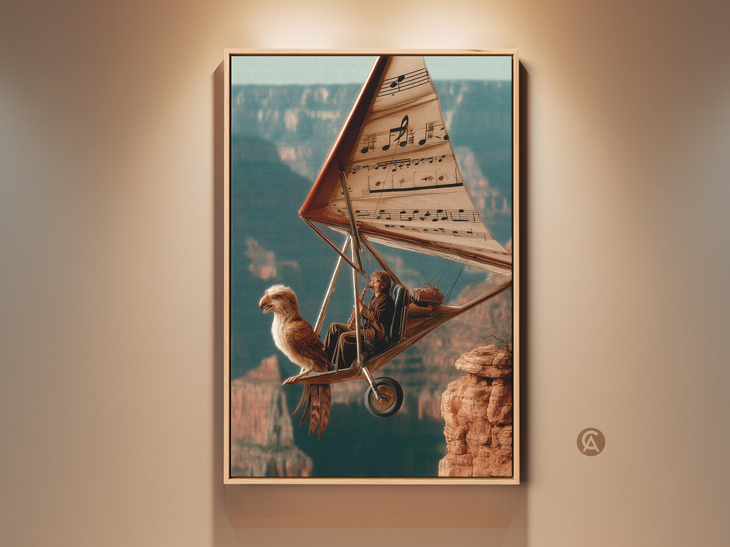 Surreal Flight Canvas Art featuring a musician eagle hang glider. The eclectic artwork is teal orange and brown. Perfect study room or office decor. It combines flight music and fantasy art. This unique canvas print is a captivating conversation starter and a thoughtful gift.