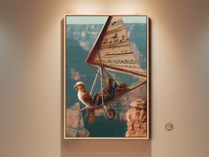 Surreal Flight Canvas Art featuring a musician eagle hang glider. The eclectic artwork is teal orange and brown. Perfect study room or office decor. It combines flight music and fantasy art. This unique canvas print is a captivating conversation starter and a thoughtful gift.