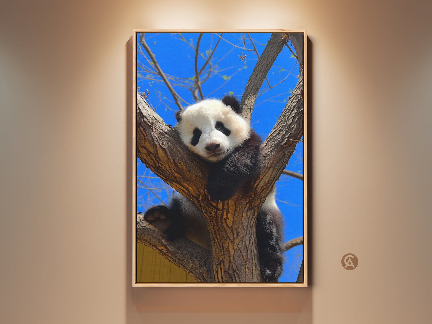 Framed wildlife panda art print. This photorealistic animal canvas shows a cute panda in a tree. It adds nature photography to your wall. The blue sky decor makes a great gift for animal lovers.