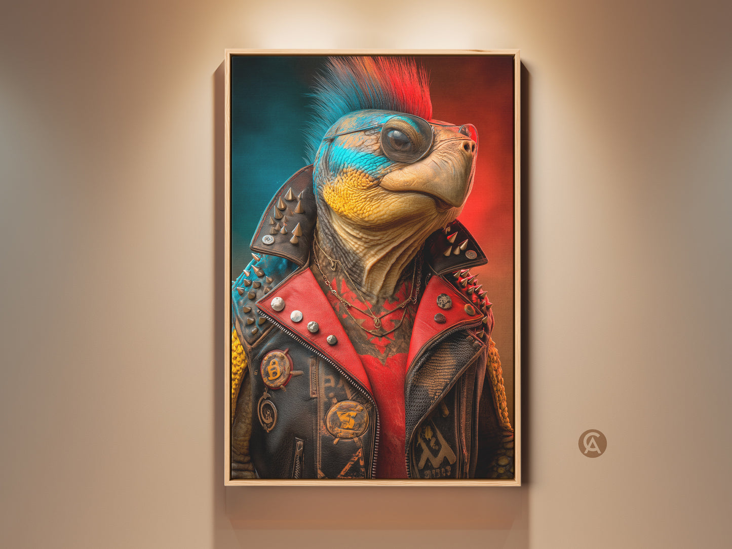 Elevate your space with this surreal punk turtle canvas art. A unique music fan gift and rebellious teen room wall decor. This eclectic pop culture artwork adds a quirky touch to any room. Perfect for man caves and alternative art lovers it showcases an animal in a bold punk style. The vibrant red and blue hues make it a standout piece