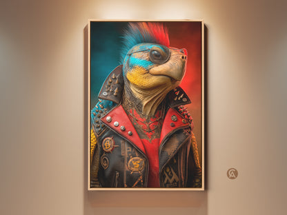 Elevate your space with this surreal punk turtle canvas art. A unique music fan gift and rebellious teen room wall decor. This eclectic pop culture artwork adds a quirky touch to any room. Perfect for man caves and alternative art lovers it showcases an animal in a bold punk style. The vibrant red and blue hues make it a standout piece