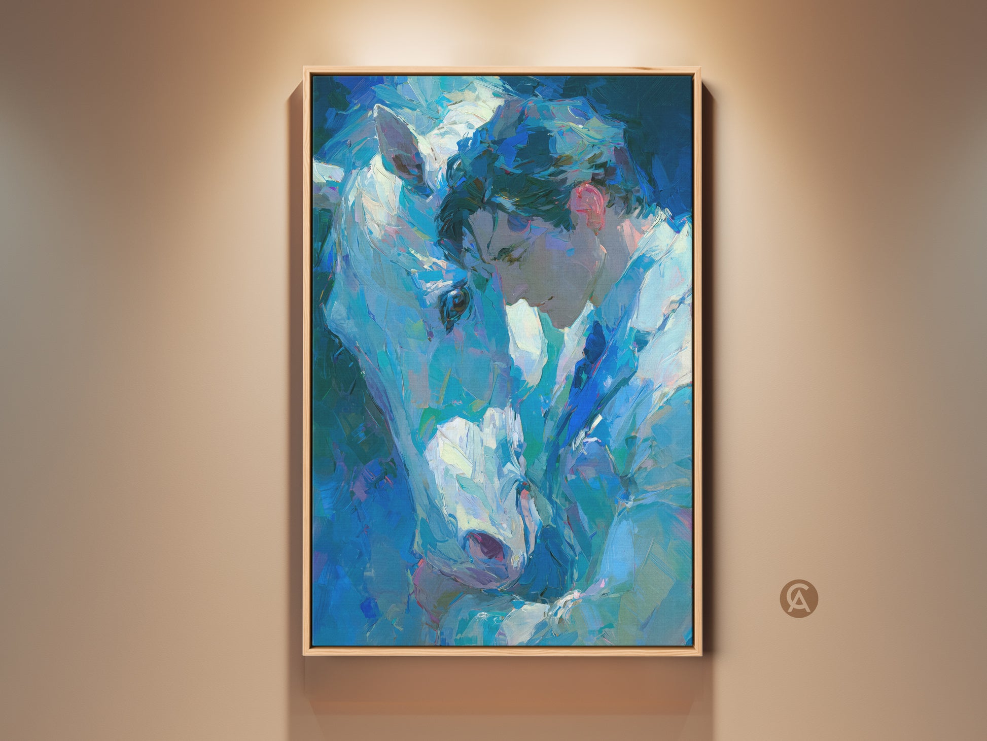 Man and Horse Art Print. A touching oil painting on canvas. The artwork features a tender moment between a man and a white horse. A beautiful piece for animal lovers. Perfect for home decor or as a thoughtful gift. Shop now for this unique art.