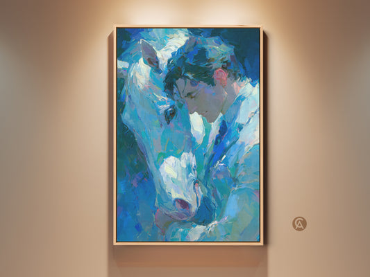 Man and Horse Art Print. A touching oil painting on canvas. The artwork features a tender moment between a man and a white horse. A beautiful piece for animal lovers. Perfect for home decor or as a thoughtful gift. Shop now for this unique art.