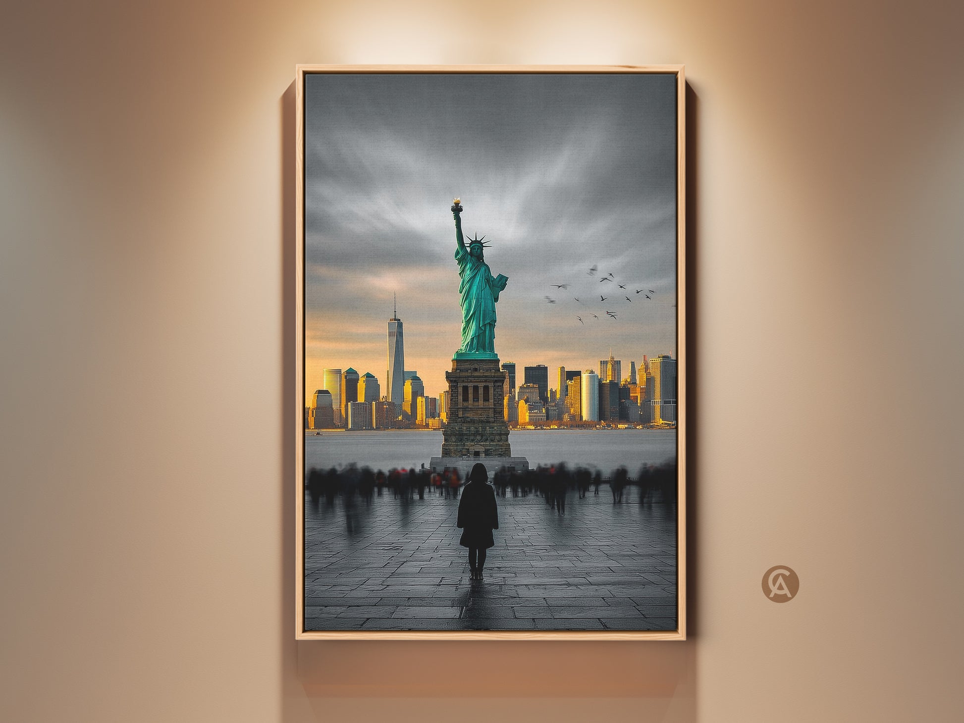 This artwork features the Statue of Liberty with the New York City skyline in the background. The statue is a beautiful teal color. A person stands in the foreground facing the iconic landmark. This framed artwork is a great way to bring the big apple into your space.