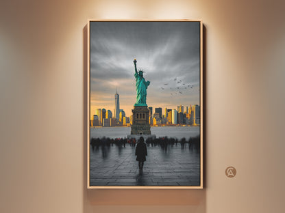 This artwork features the Statue of Liberty with the New York City skyline in the background. The statue is a beautiful teal color. A person stands in the foreground facing the iconic landmark. This framed artwork is a great way to bring the big apple into your space.
