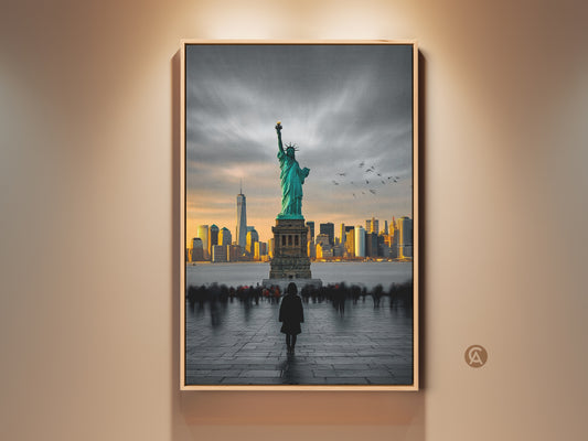 This artwork features the Statue of Liberty with the New York City skyline in the background. The statue is a beautiful teal color. A person stands in the foreground facing the iconic landmark. This framed artwork is a great way to bring the big apple into your space.