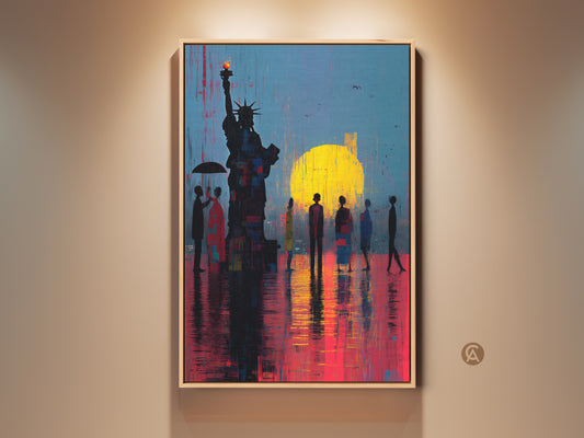 A framed abstract Statue of Liberty canvas print adorns a neutral wall. The artwork features blue yellow and red hues for a contemporary urban look. Silhouetted figures stand before the iconic landmark adding depth to this unique NYC cityscape wall art.