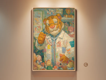 Whimsical oil painting of a tiger doctor wearing glasses and a stethoscope. The tiger is surrounded by teddy bears in a playful art style. This artwork is perfect for a kids room or nursery. A unique and charming piece of animal art.