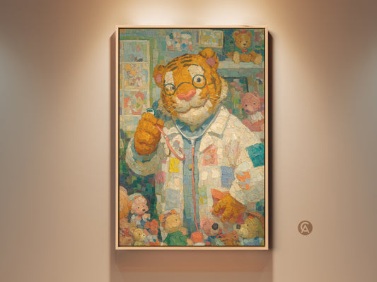 Whimsical oil painting of a tiger doctor wearing glasses and a stethoscope. The tiger is surrounded by teddy bears in a playful art style. This artwork is perfect for a kids room or nursery. A unique and charming piece of animal art.