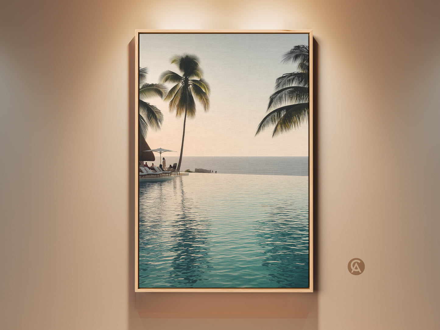 Elevate your space with this ocean view infinity pool art print. Palm trees sway over a coastal landscape canvas. It's the perfect tropical beach wall decor. Add luxury resort style to your home today.