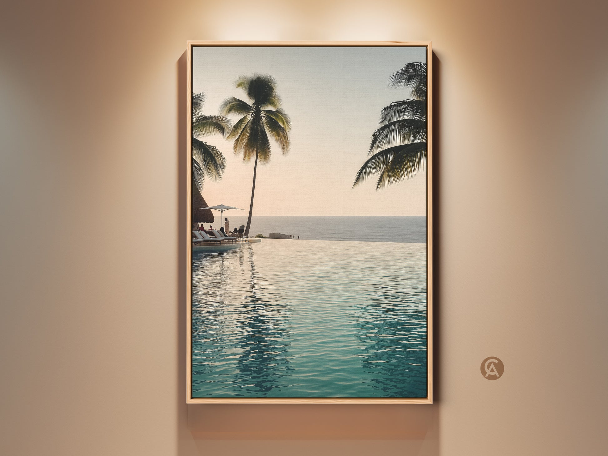 Elevate your space with this ocean view infinity pool art print. Palm trees sway over a coastal landscape canvas. It's the perfect tropical beach wall decor. Add luxury resort style to your home today.