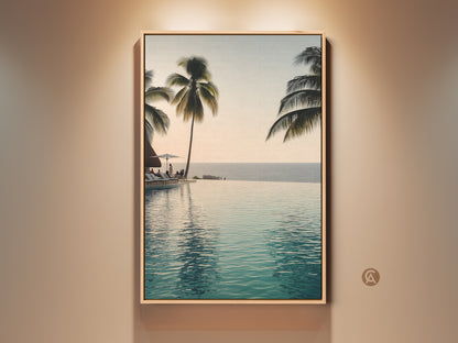 Elevate your space with this ocean view infinity pool art print. Palm trees sway over a coastal landscape canvas. It's the perfect tropical beach wall decor. Add luxury resort style to your home today.