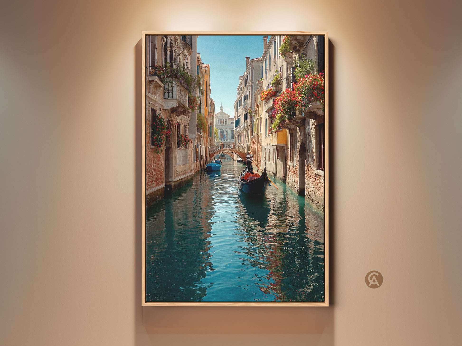Venetian canal art print featuring a gondola. It shows an aqua and teal cityscape. This wall decor has a romantic eclectic style. Perfect travel gift for home decor. The artwork captures Venice's charm.