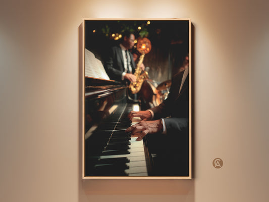 Framed artwork capturing a live jazz performance. Piano keys are in focus. A musician plays the saxophone in the background. Perfect wall art for music lovers. Elevate your space with this unique piece of art. Shop now to bring the soulful energy of jazz into your home or office.