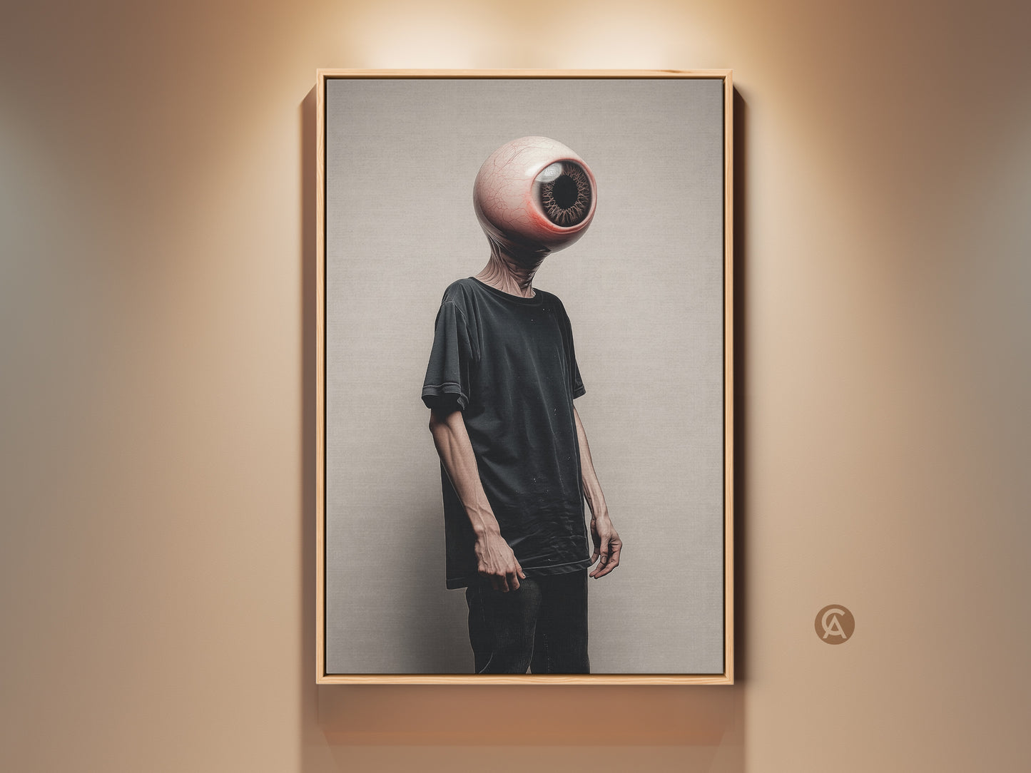 Surreal eyeball head art print on a beige wall. Dark aesthetic canvas artwork adds an eclectic touch to modern decor. Perfect unique art for a study office or a Halloween gift for art lovers. This brown beige figure decor makes a bold statement.