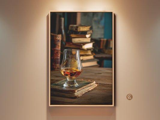Vintage whiskey glass art print resting on antique books. This still life artwork features a rich amber and gold palette. Perfect traditional study wall decor for a home office or rustic bar. A great housewarming gift for liquor connoisseurs seeking classic home aesthetics.