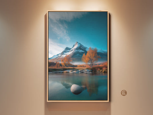 A framed realistic mountain river art print is on display. Teal blue skies hover above a snow capped mountain. Amber autumn trees add warm contrast. It's rustic home decor perfect for outdoor lovers.