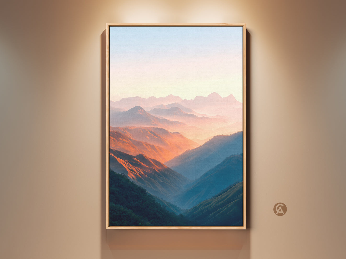 Peach and blue mountain valley canvas art adds a serene touch to any room. Framed in a natural wood tone this contemporary landscape artwork brings nature indoors. Perfect for contemporary home decor enjoy scenic beauty every day. This art print is a great housewarming gift idea.
