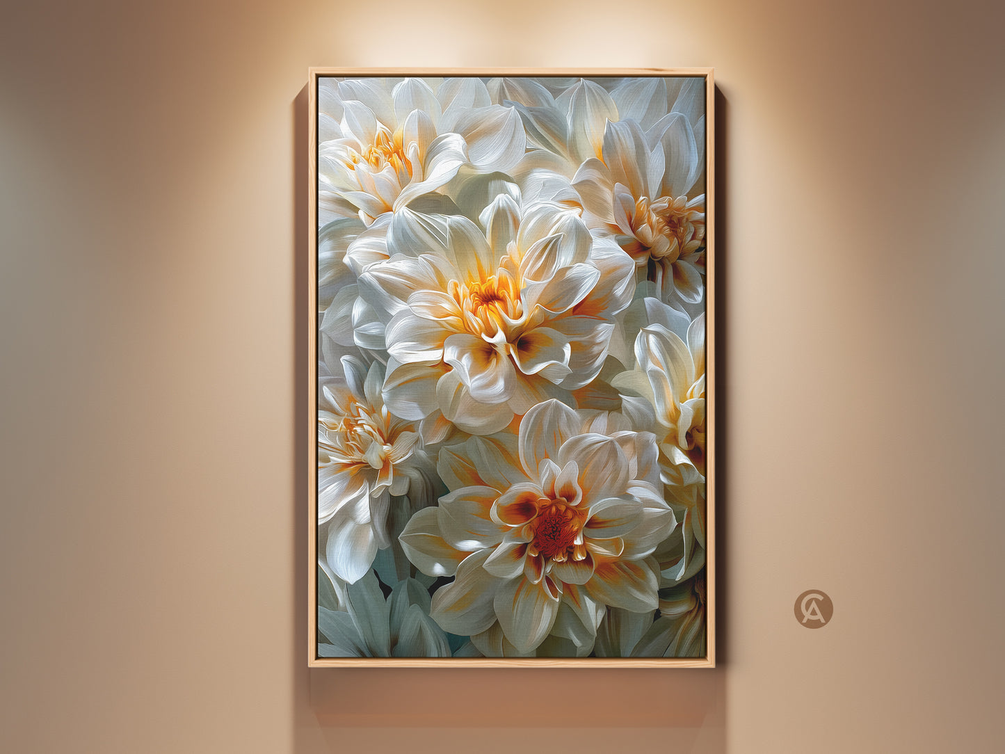 Framed floral artwork featuring white and orange dahlia flowers. The art is on a beige wall. The frame is a light wood color. This floral art print adds a touch of nature and elegance to any space.  It will look great in your living room or bedroom.