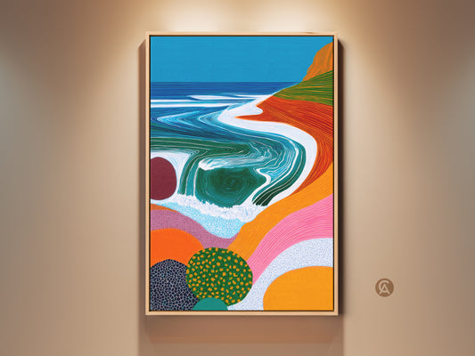 Framed contemporary teal blue canvas art in a room setting. Abstract ocean waves landscape print creates modern coastal wall decor. A colorful beach scene art piece is a unique gift idea.